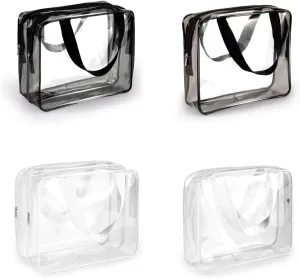 Four Pieces Large clear PVC makeup bags with handle,Large Travel storage pouch,Cosmetic bags for toiletries men women (BLACK/WHITE)