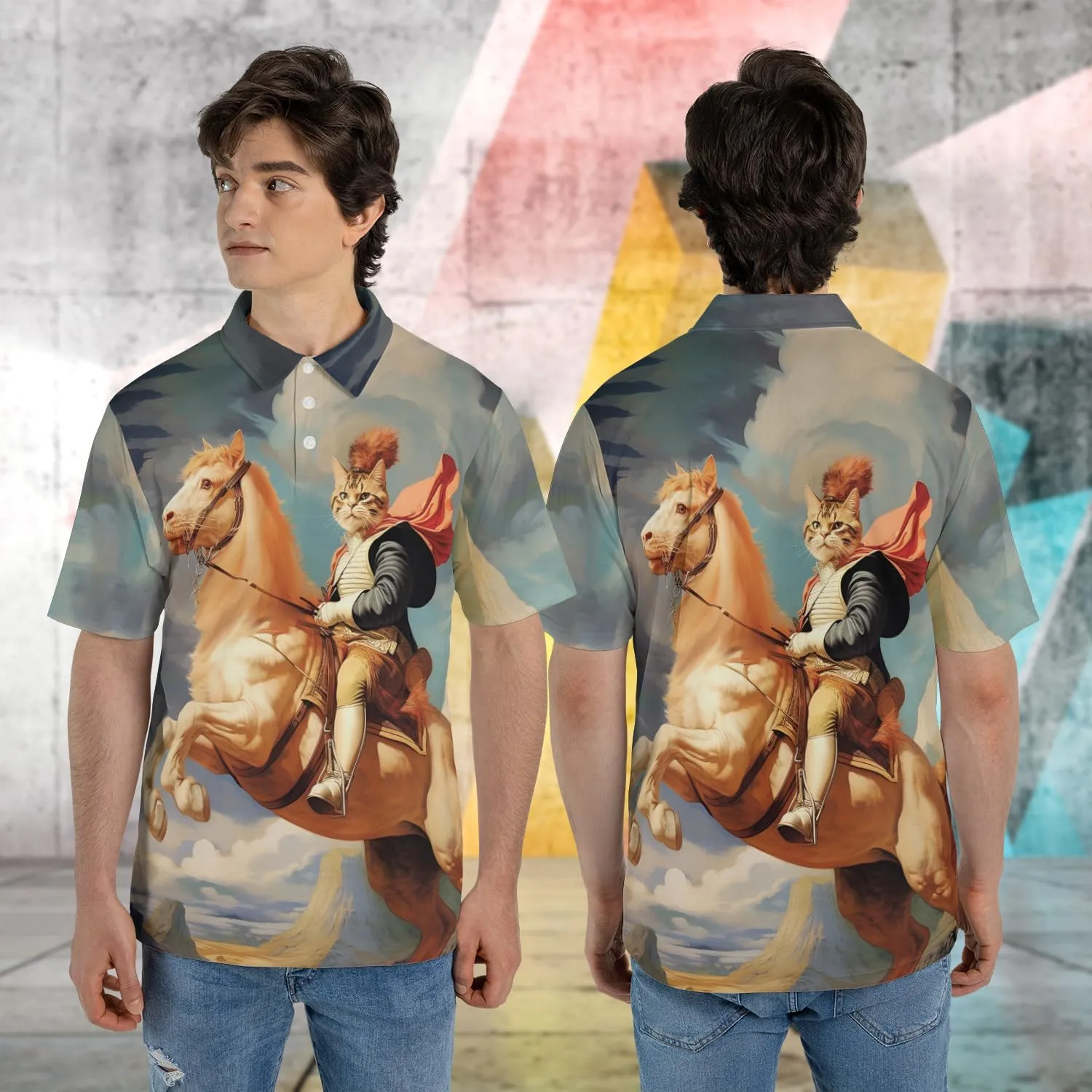 Funny Cat Polo Shirts for Men - Galaxy Cat Mens Quick Dry Short Sleeve Polo Shirts Series 28
