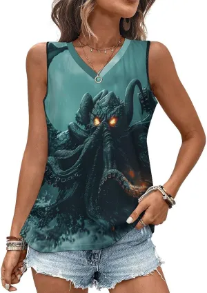 Funny-Cthulhus Monster Women's Tank Top Sleeveless V Neck T Shirt Casual Vests Funny Blouses