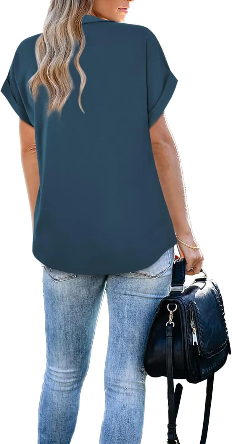 Gaharu Women's Summer Work Blouse V Neck Short Sleeve Lapel Shirt Top Tunic