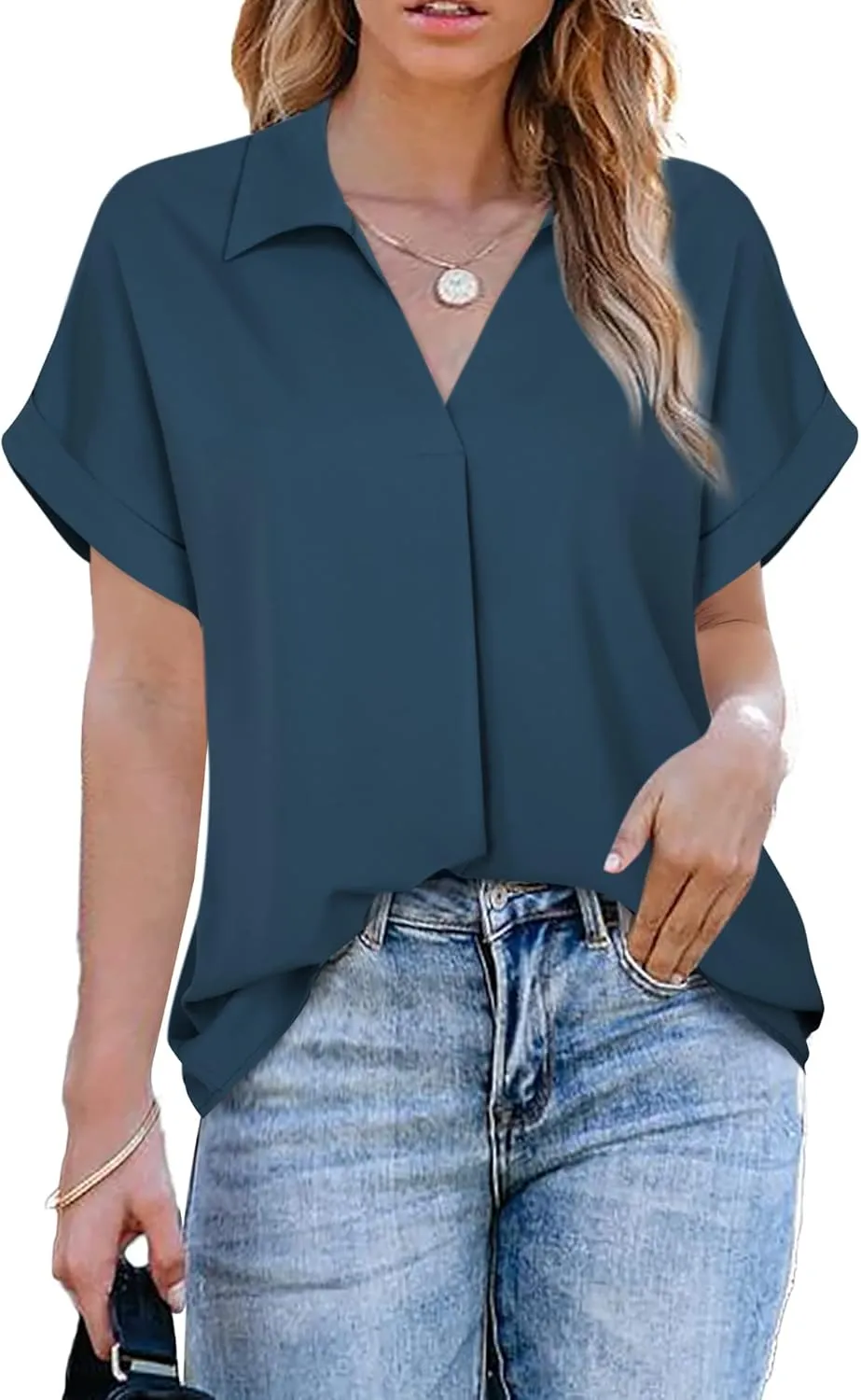 Gaharu Women's Summer Work Blouse V Neck Short Sleeve Lapel Shirt Top Tunic