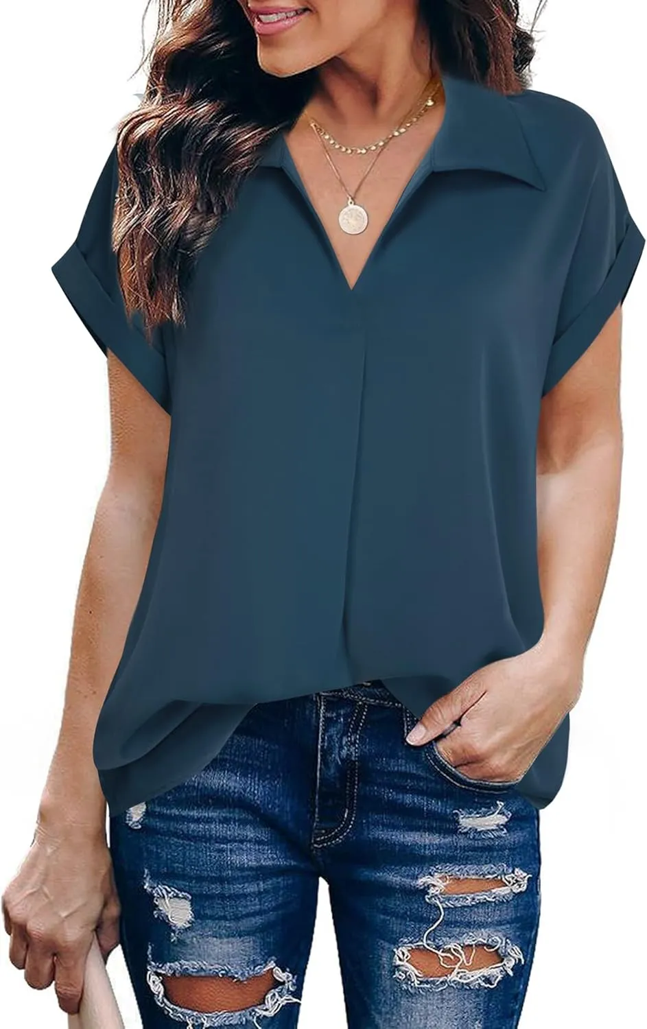 Gaharu Women's Summer Work Blouse V Neck Short Sleeve Lapel Shirt Top Tunic