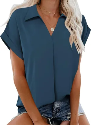 Gaharu Women's Summer Work Blouse V Neck Short Sleeve Lapel Shirt Top Tunic