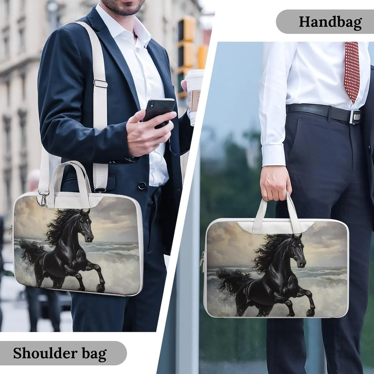 Galloping Black Horse Seaside Leather Bag Laptop Case Slim Water Resistant Computer Bags with Handle Briefcase for Work