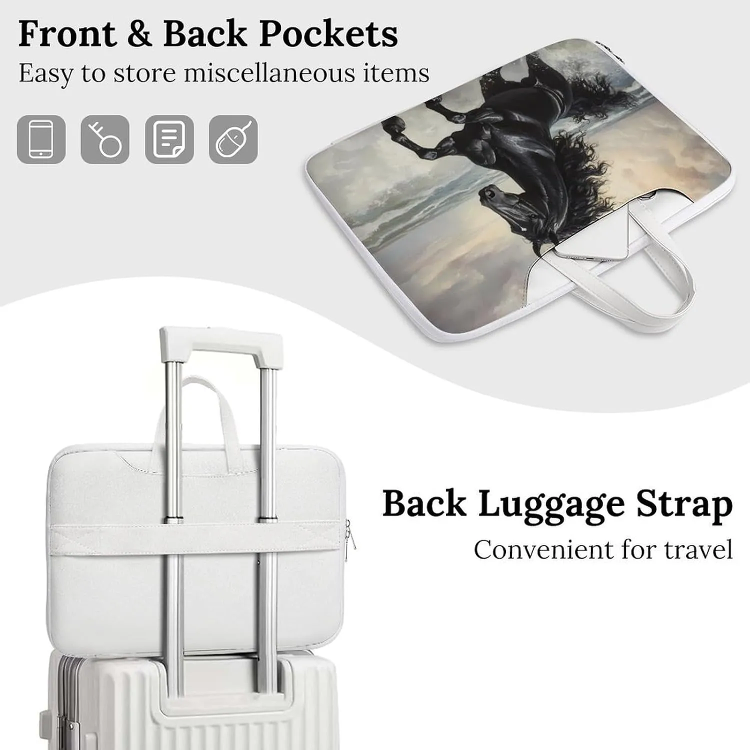Galloping Black Horse Seaside Leather Bag Laptop Case Slim Water Resistant Computer Bags with Handle Briefcase for Work