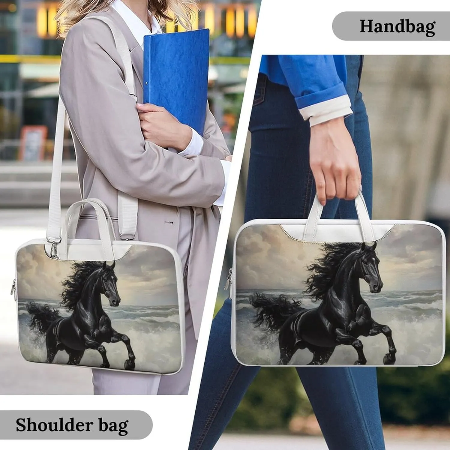 Galloping Black Horse Seaside Leather Bag Laptop Case Slim Water Resistant Computer Bags with Handle Briefcase for Work
