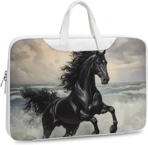 Galloping Black Horse Seaside Leather Bag Laptop Case Slim Water Resistant Computer Bags with Handle Briefcase for Work