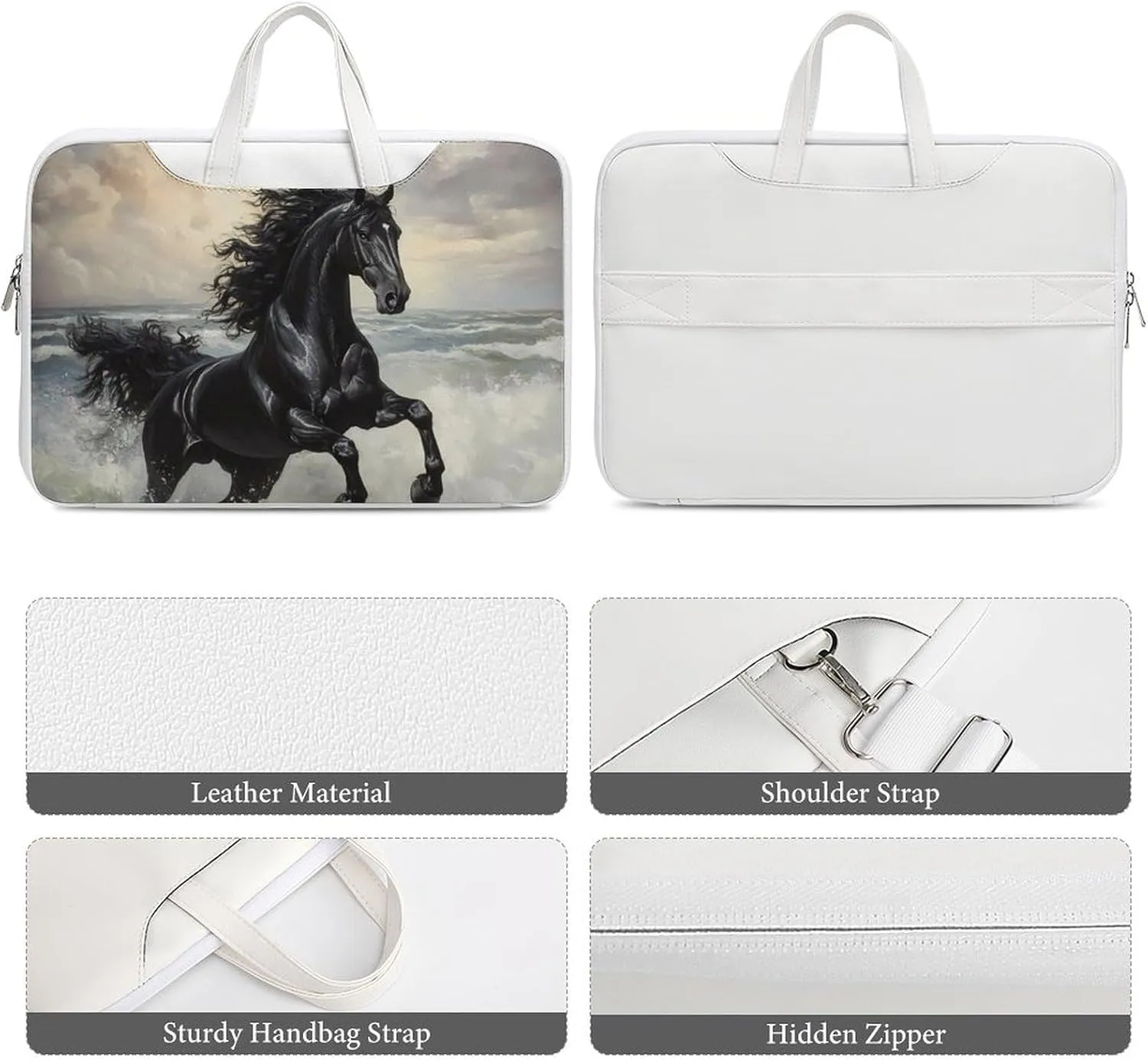 Galloping Black Horse Seaside Leather Bag Laptop Case Slim Water Resistant Computer Bags with Handle Briefcase for Work