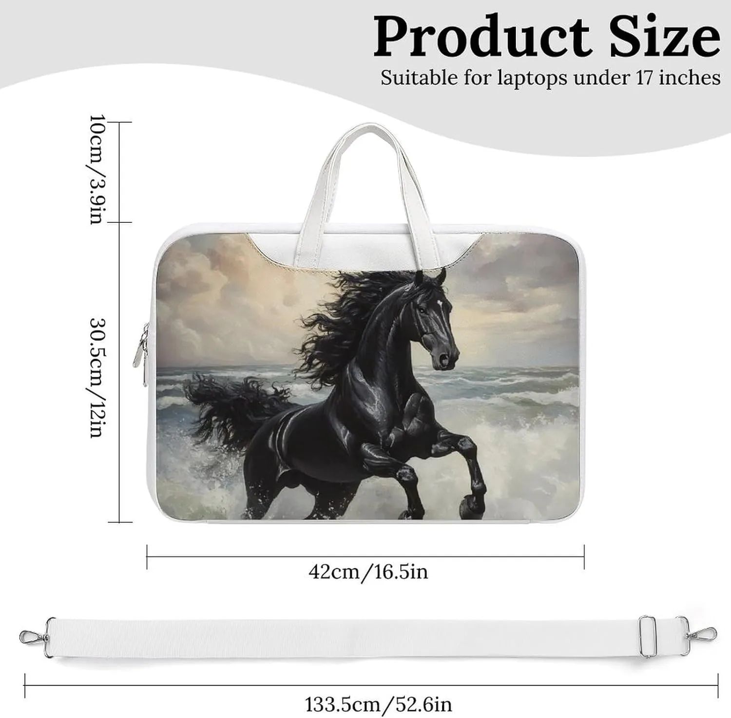 Galloping Black Horse Seaside Leather Bag Laptop Case Slim Water Resistant Computer Bags with Handle Briefcase for Work