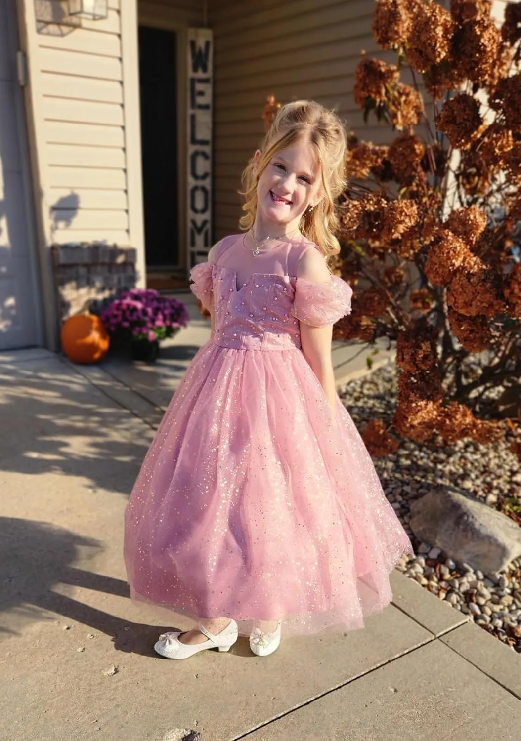 Glamulice Princess Sparkle Tulle Dress Flower Girls Dresses Cold Shoulder Long A Line Wedding Party Ball Gown