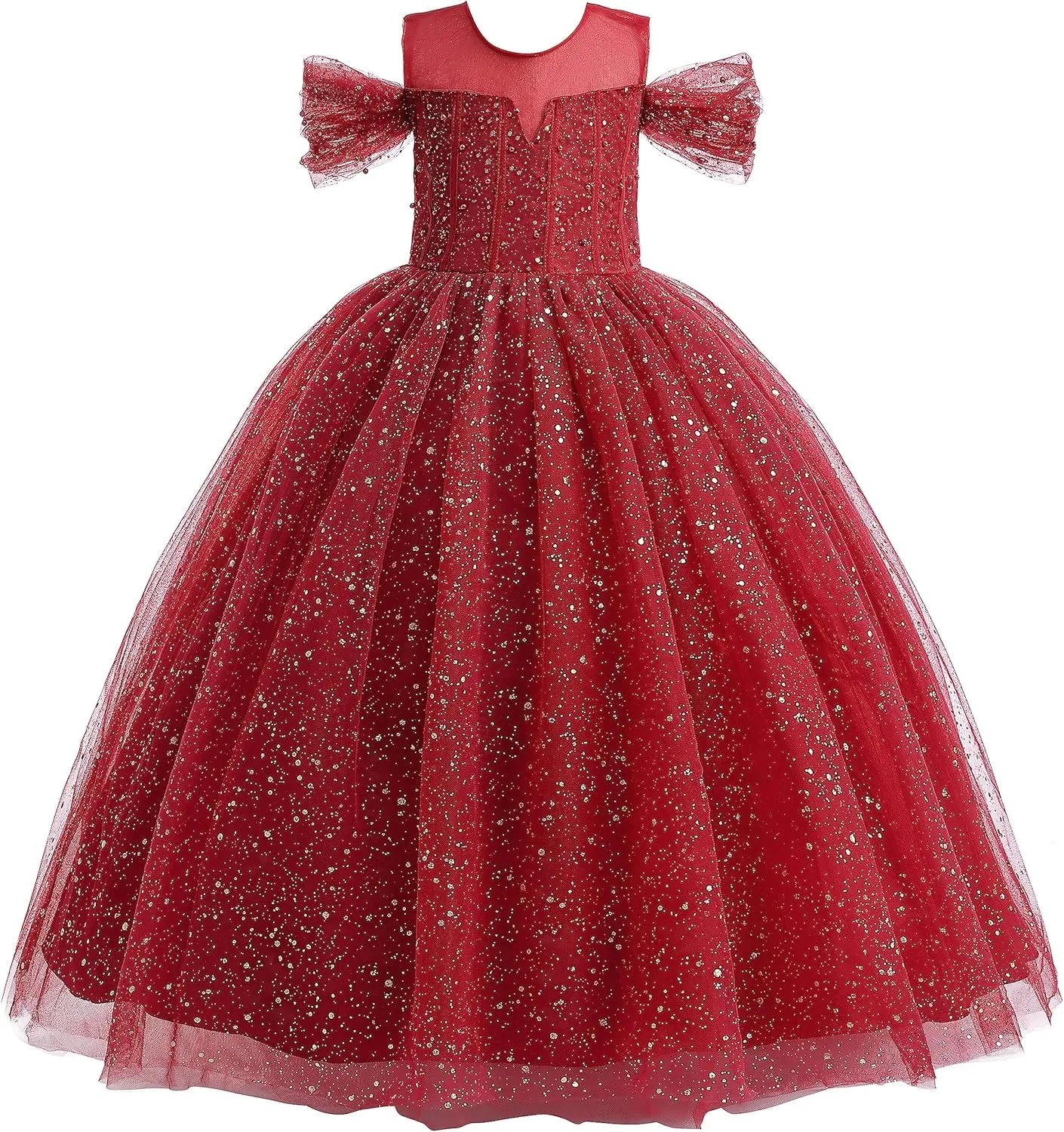 Glamulice Princess Sparkle Tulle Dress Flower Girls Dresses Cold Shoulder Long A Line Wedding Party Ball Gown