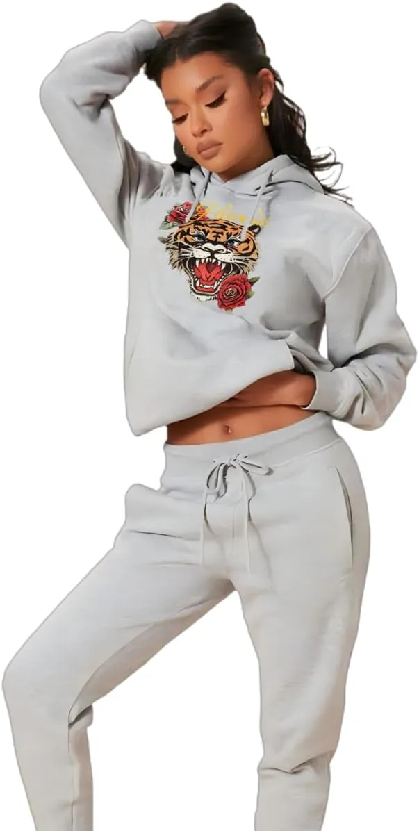 Glitrandi Womens 2 Piece Outfits Sweatsuit Sets Fashion Print Hoodies With Sweatpants Oversized Tracksuit For Women