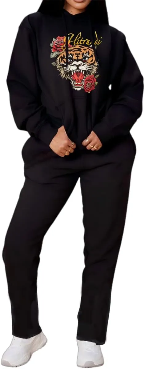 Glitrandi Womens 2 Piece Outfits Sweatsuit Sets Fashion Print Hoodies With Sweatpants Oversized Tracksuit For Women