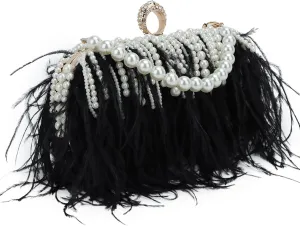 GOKTOW Feather Clutches Purses for Women BagPearl Fluffy Evening Handbags for Wedding Anniversary Party