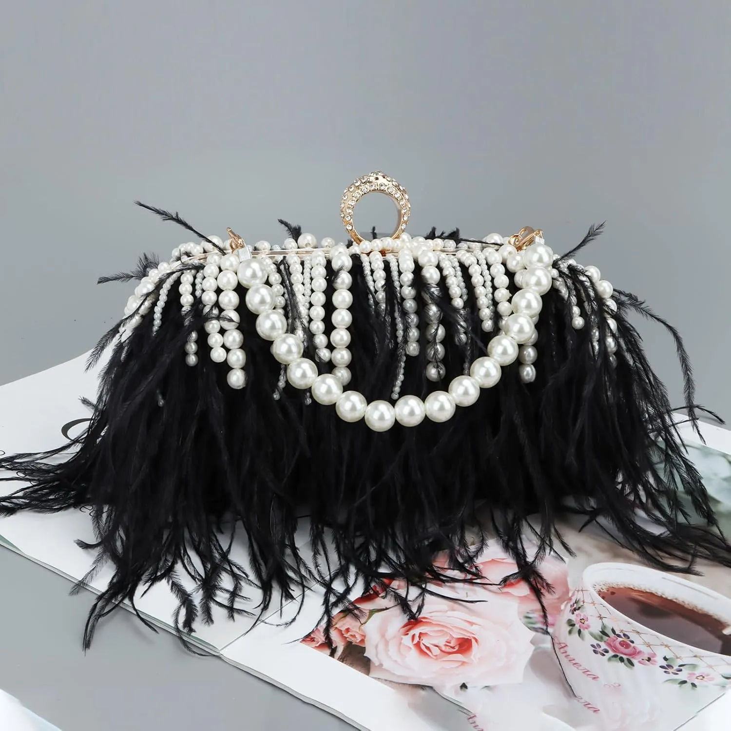 GOKTOW Feather Clutches Purses for Women BagPearl Fluffy Evening Handbags for Wedding Anniversary Party