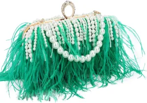 GOKTOW Feather Clutches Purses for Women BagPearl Fluffy Evening Handbags for Wedding Anniversary Party