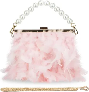 GOKTOW Feather Clutches Purses for Women BagPearl Fluffy Evening Handbags for Wedding Anniversary Party