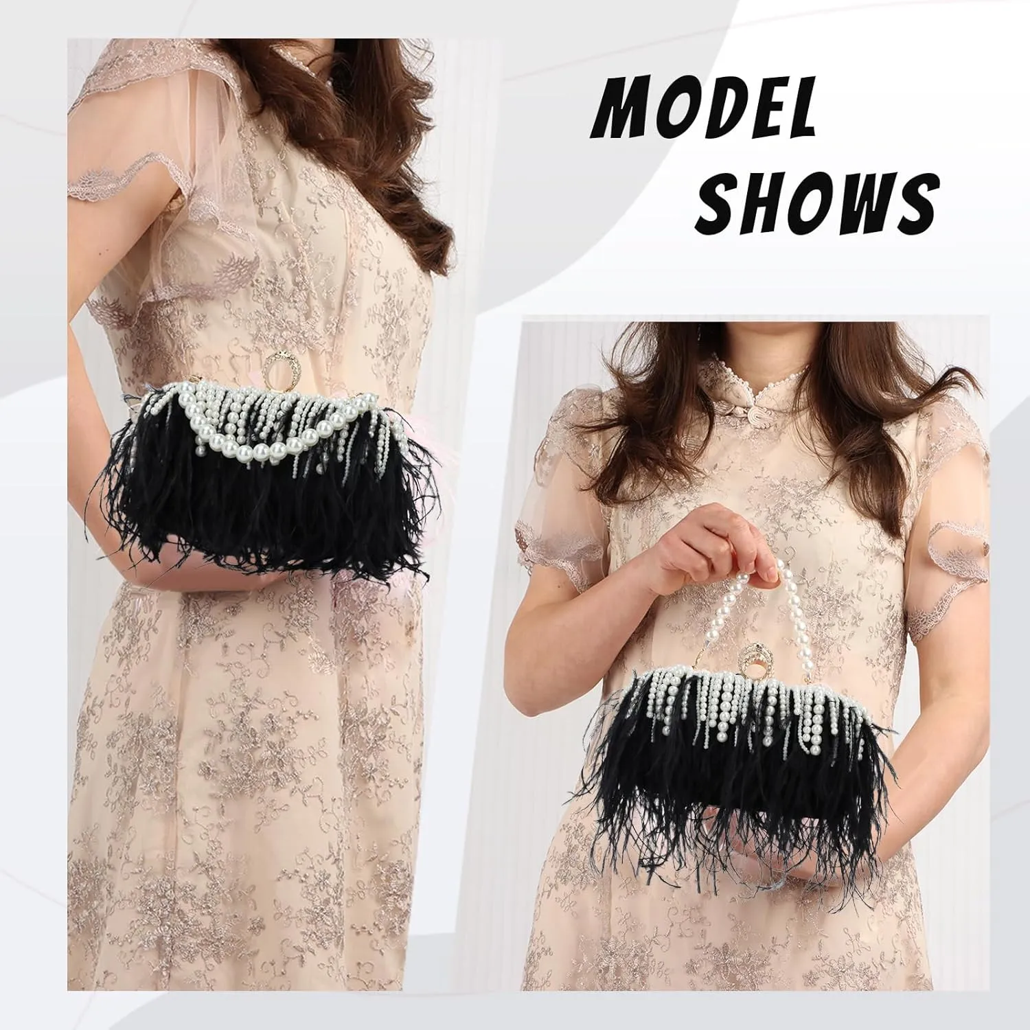 GOKTOW Feather Clutches Purses for Women BagPearl Fluffy Evening Handbags for Wedding Anniversary Party