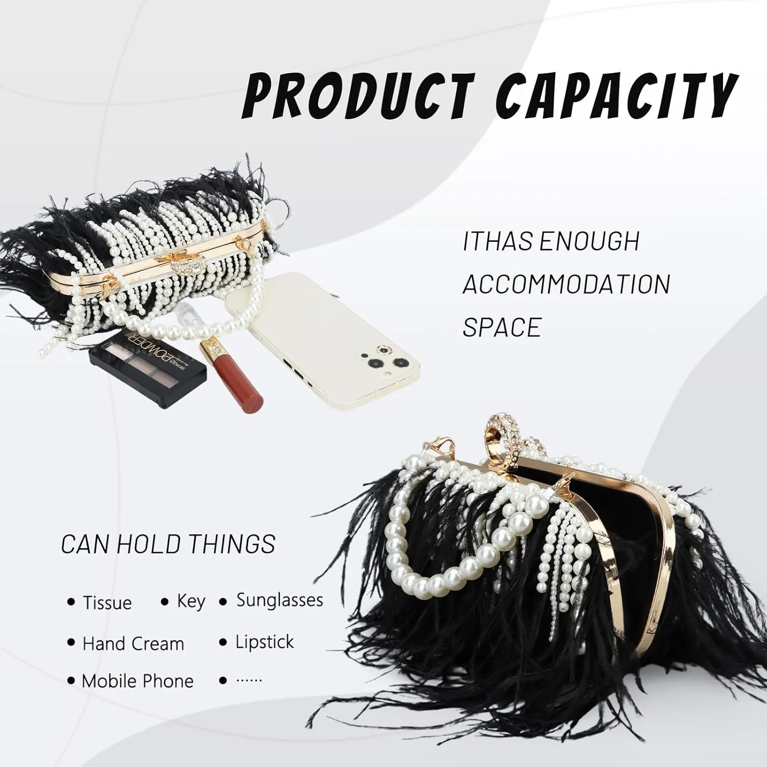 GOKTOW Feather Clutches Purses for Women BagPearl Fluffy Evening Handbags for Wedding Anniversary Party