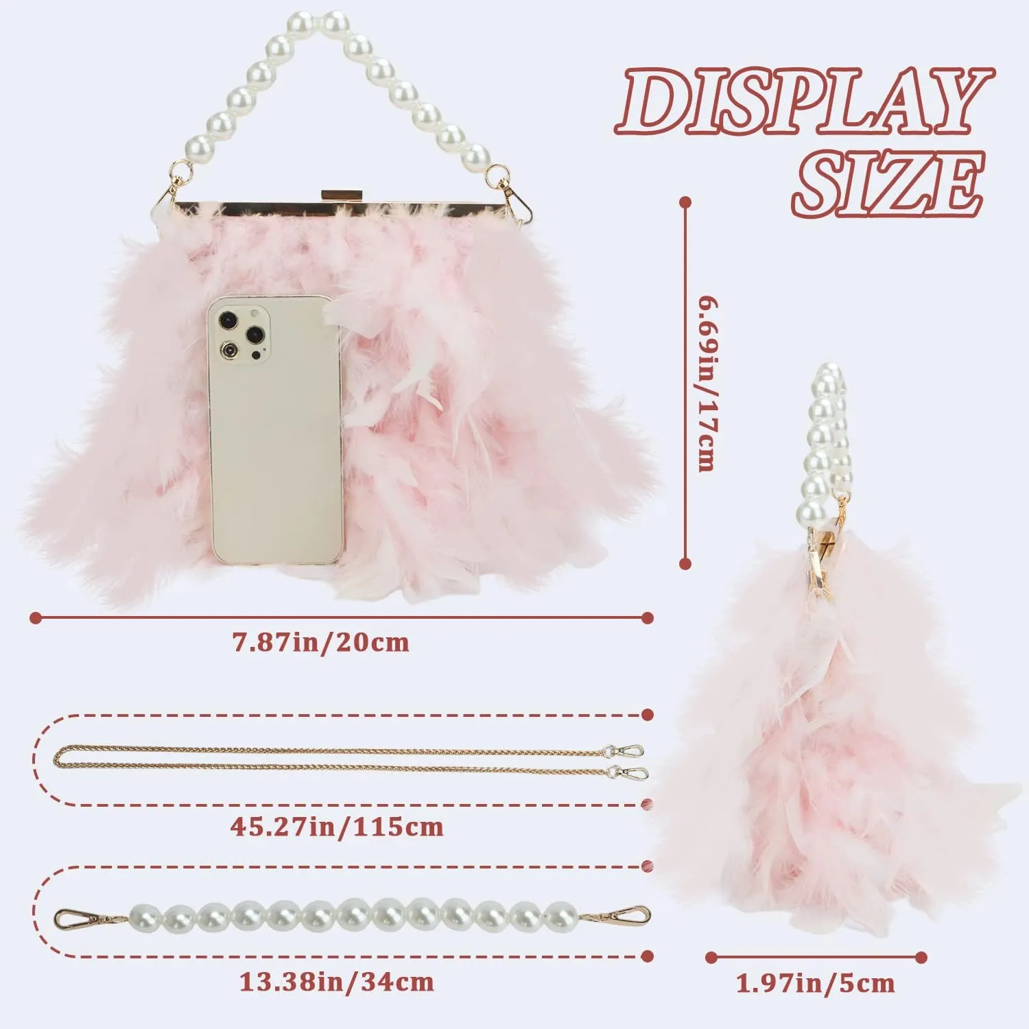 GOKTOW Feather Clutches Purses for Women BagPearl Fluffy Evening Handbags for Wedding Anniversary Party