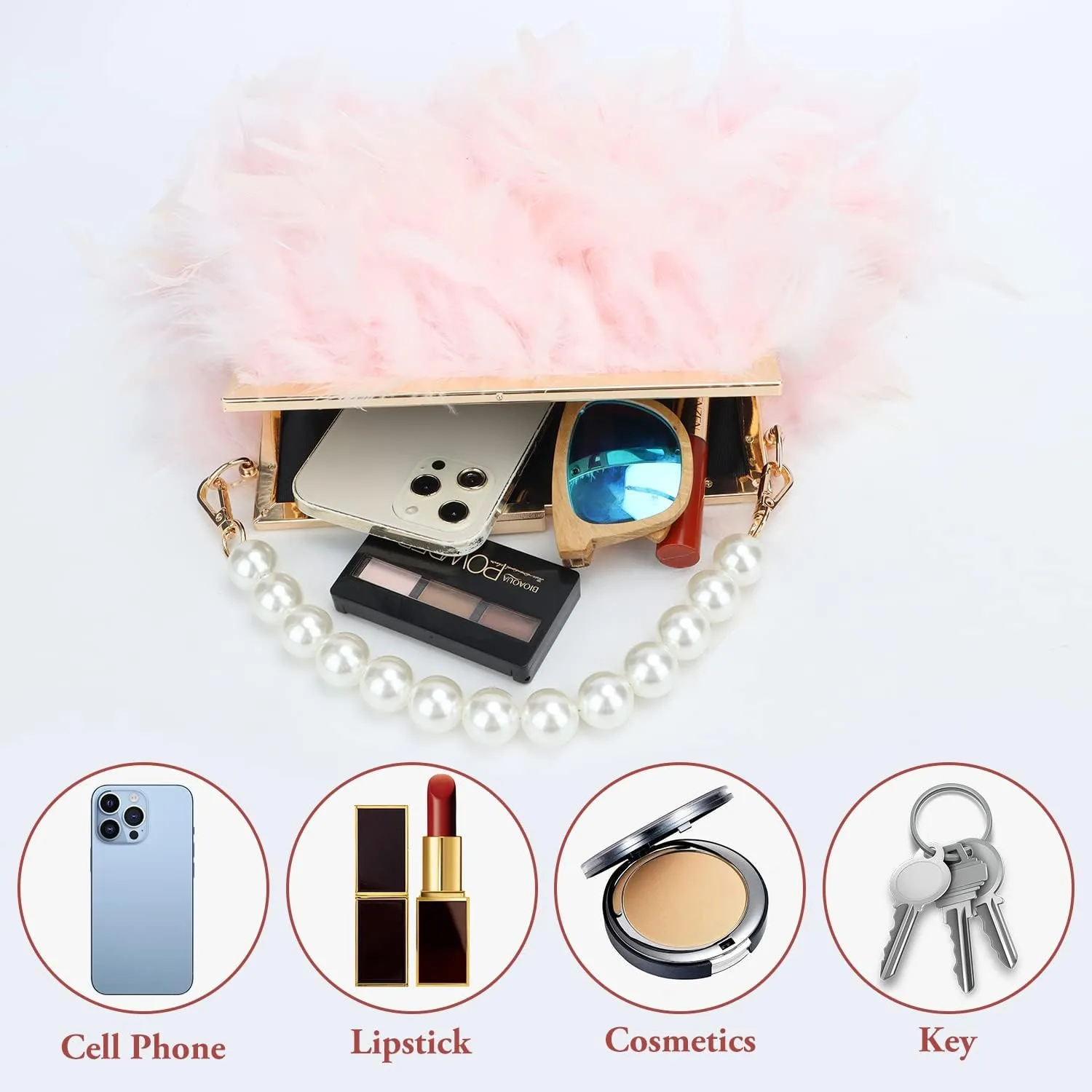 GOKTOW Feather Clutches Purses for Women BagPearl Fluffy Evening Handbags for Wedding Anniversary Party