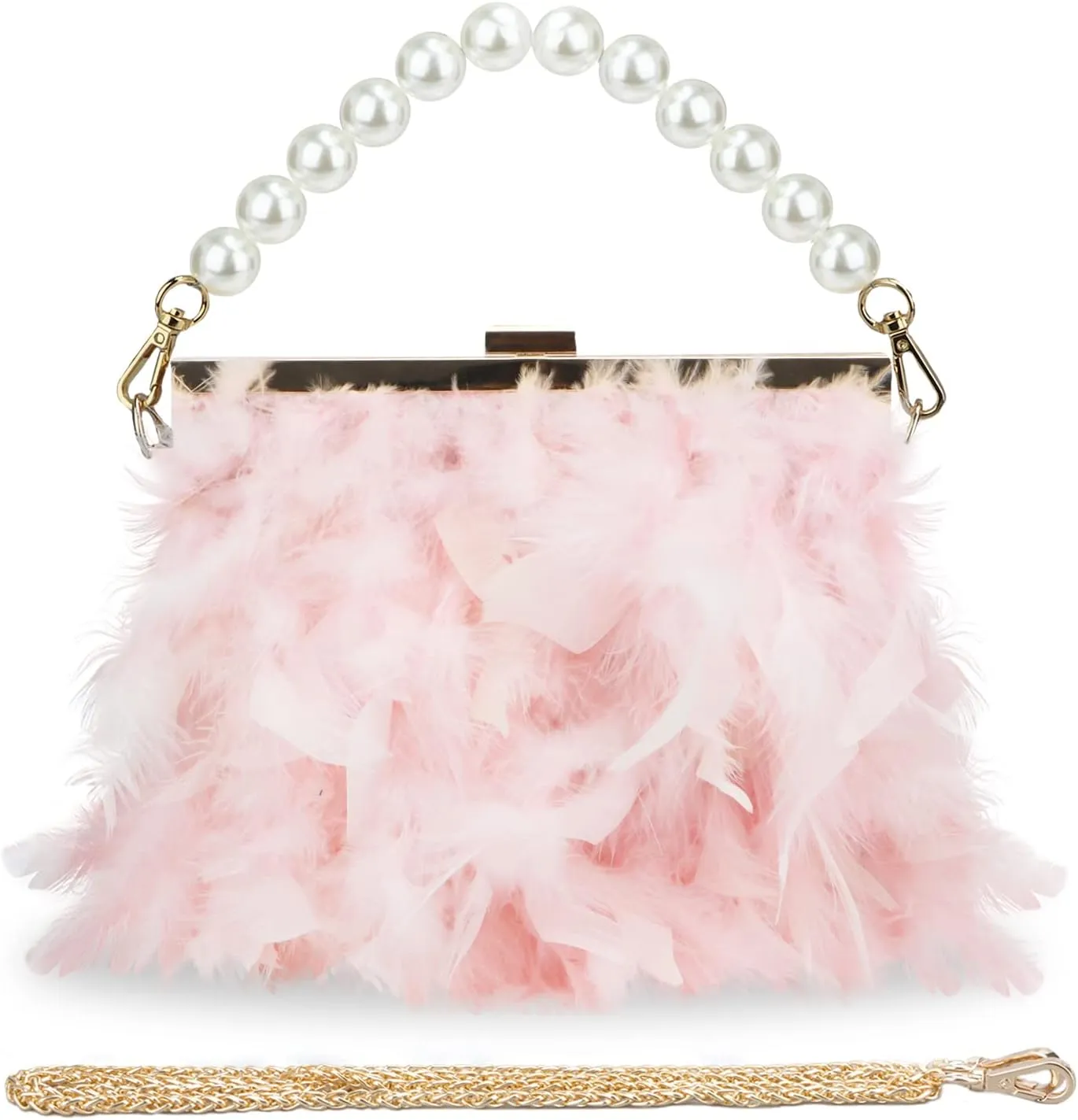 GOKTOW Feather Clutches Purses for Women BagPearl Fluffy Evening Handbags for Wedding Anniversary Party