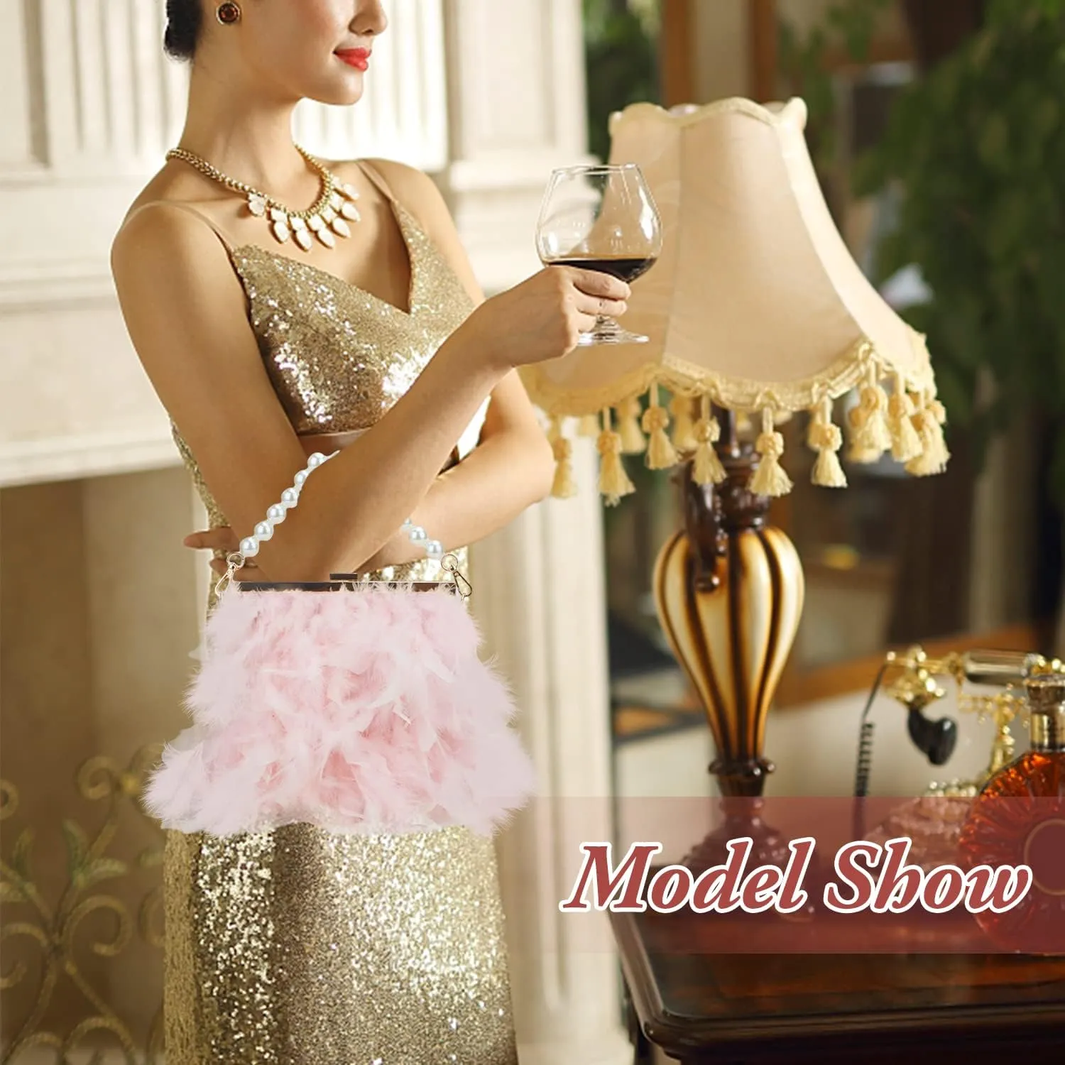 GOKTOW Feather Clutches Purses for Women BagPearl Fluffy Evening Handbags for Wedding Anniversary Party