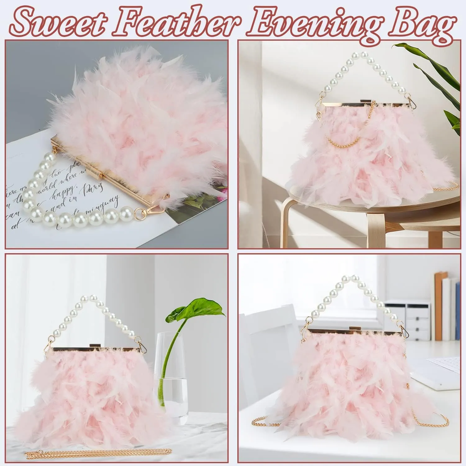 GOKTOW Feather Clutches Purses for Women BagPearl Fluffy Evening Handbags for Wedding Anniversary Party
