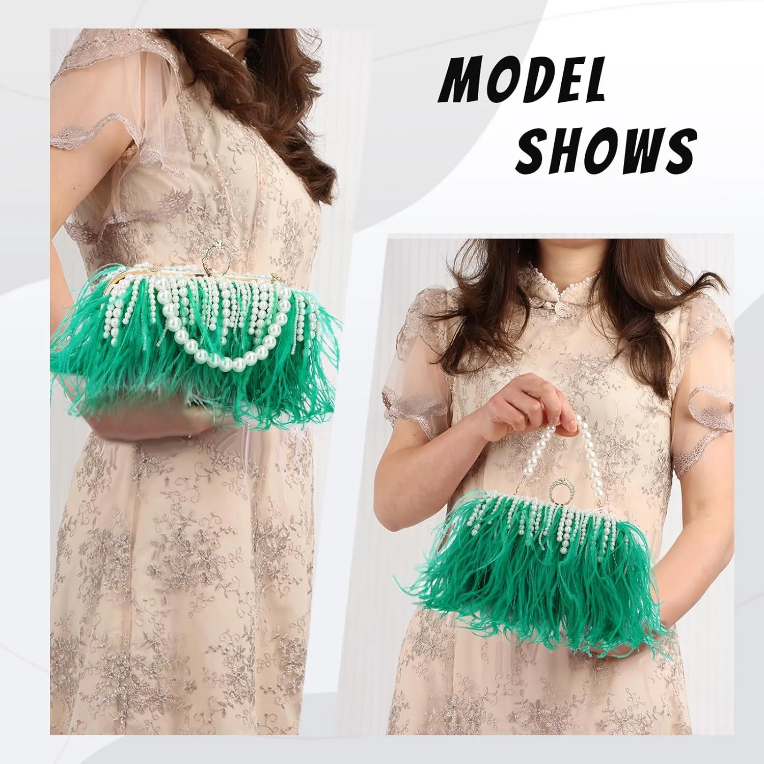 GOKTOW Feather Clutches Purses for Women BagPearl Fluffy Evening Handbags for Wedding Anniversary Party