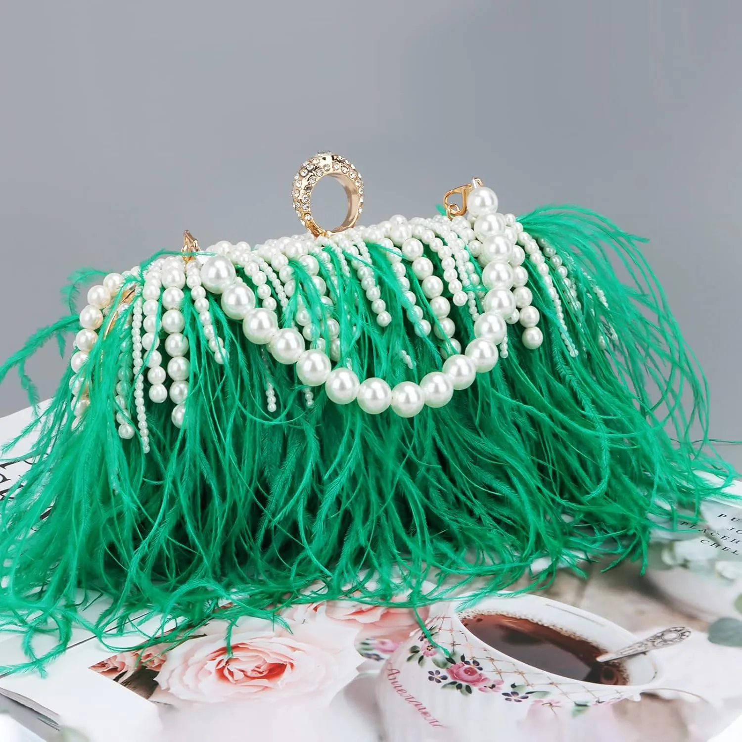 GOKTOW Feather Clutches Purses for Women BagPearl Fluffy Evening Handbags for Wedding Anniversary Party
