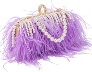GOKTOW Feather Clutches Purses for Women BagPearl Fluffy Evening Handbags for Wedding Anniversary Party