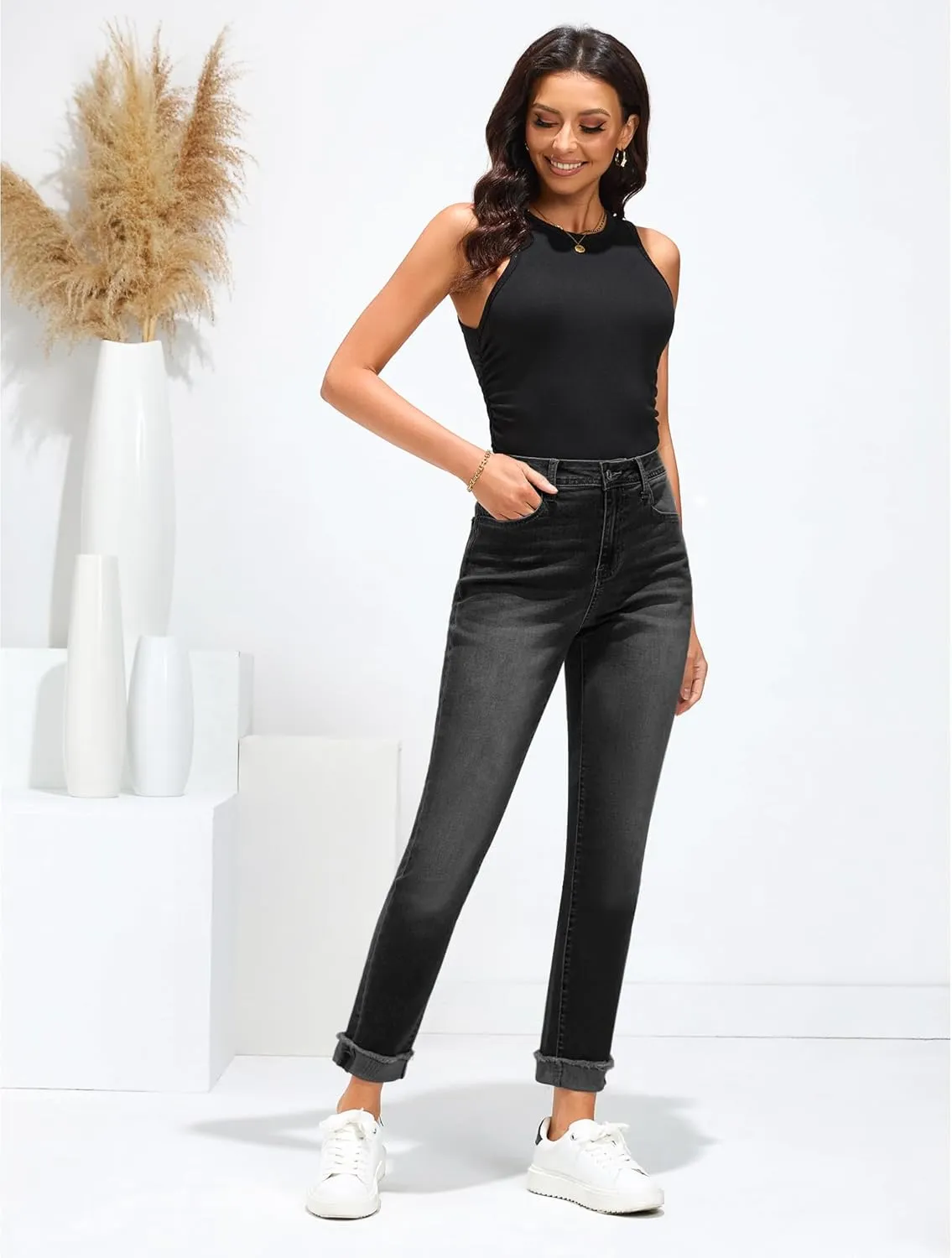 GRAPENT Jeans for Women Trendy High Waisted Slim Straight Leg Mom Jeans Stretchy Denim Pants Trouser Jeans with Pockets