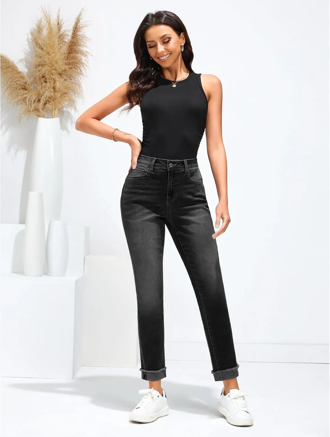 GRAPENT Jeans for Women Trendy High Waisted Slim Straight Leg Mom Jeans Stretchy Denim Pants Trouser Jeans with Pockets