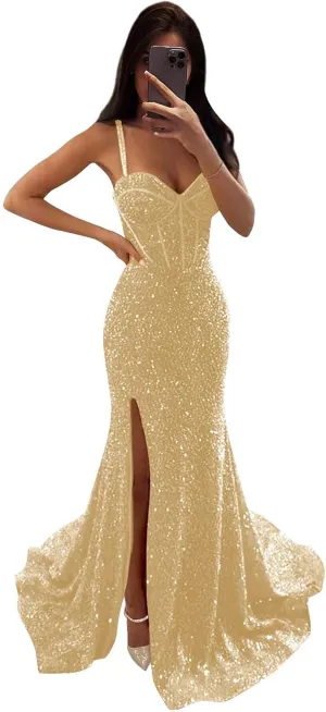 GUKARLEED Mermaid Sequin Prom Dresses High Slit Evening Gowns Formal Dress for Women V Neck Ball Gown Long Homecoming Dresses
