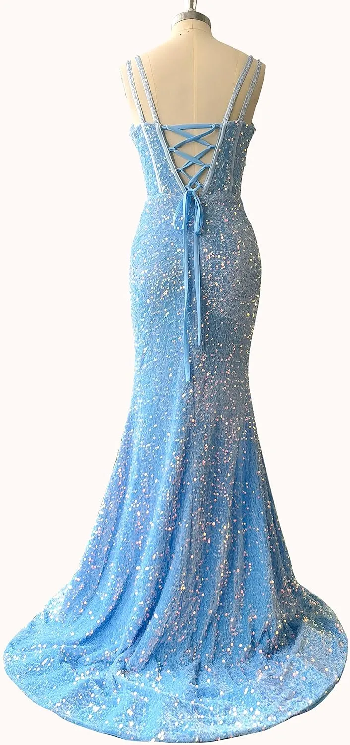 GUKARLEED Mermaid Sequin Prom Dresses High Slit Evening Gowns Formal Dress for Women V Neck Ball Gown Long Homecoming Dresses