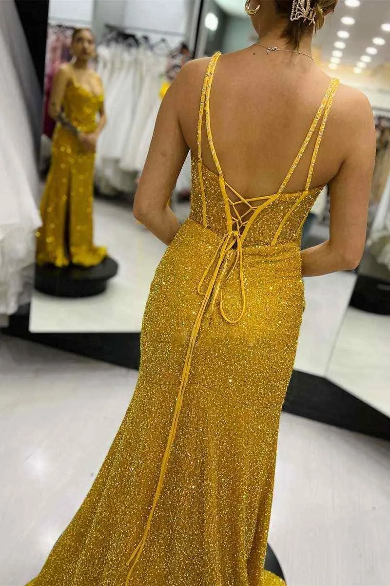 GUKARLEED Mermaid Sequin Prom Dresses High Slit Evening Gowns Formal Dress for Women V Neck Ball Gown Long Homecoming Dresses
