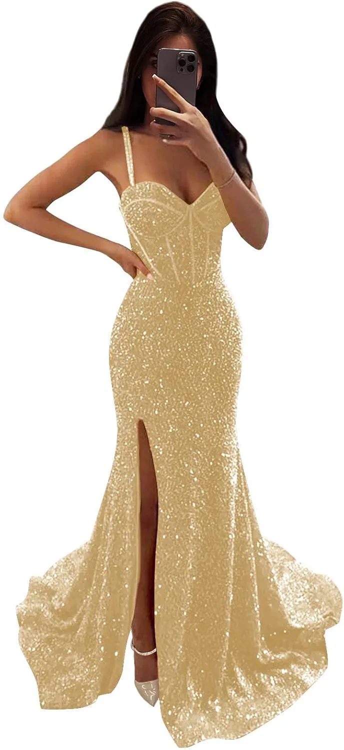 GUKARLEED Mermaid Sequin Prom Dresses High Slit Evening Gowns Formal Dress for Women V Neck Ball Gown Long Homecoming Dresses