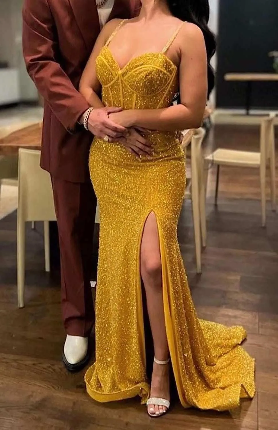 GUKARLEED Mermaid Sequin Prom Dresses High Slit Evening Gowns Formal Dress for Women V Neck Ball Gown Long Homecoming Dresses