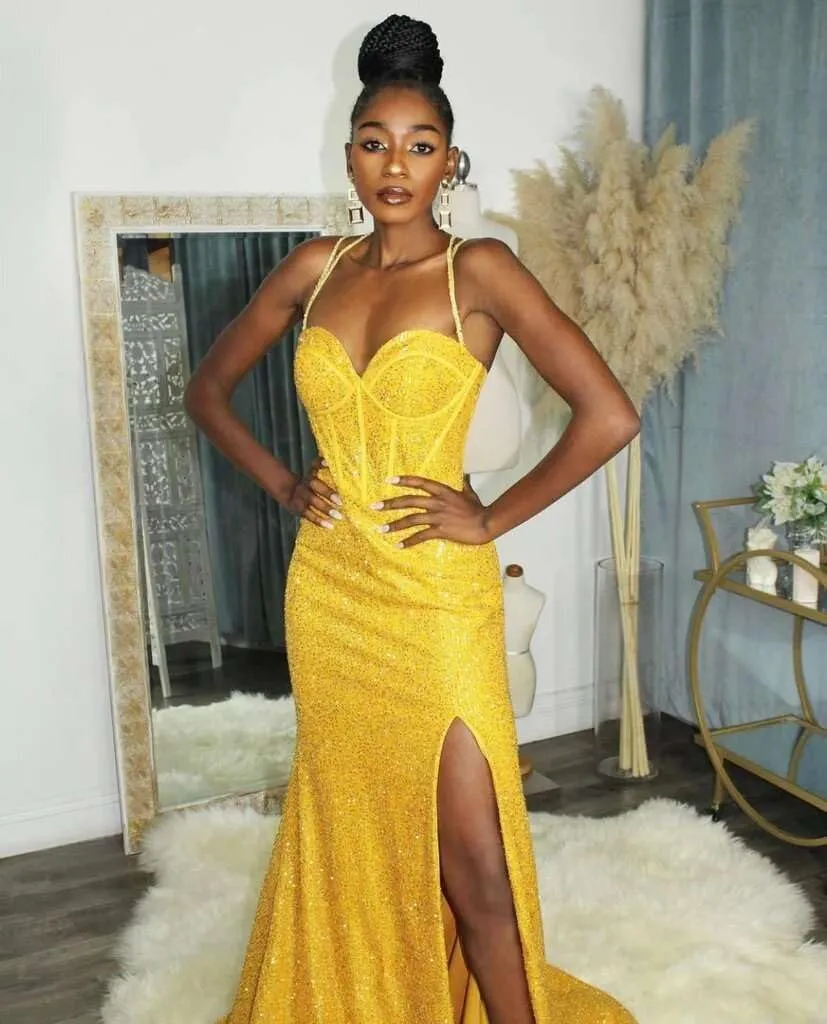 GUKARLEED Mermaid Sequin Prom Dresses High Slit Evening Gowns Formal Dress for Women V Neck Ball Gown Long Homecoming Dresses