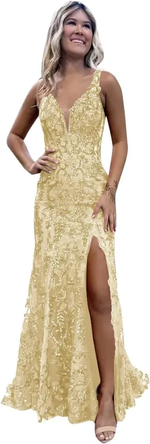 GUKARLEED Women's Prom Dresses Lace Appliques Sequin Formal Dress V Neck High Slit Mermaid Tulle Wedding Guest Evening Gowns