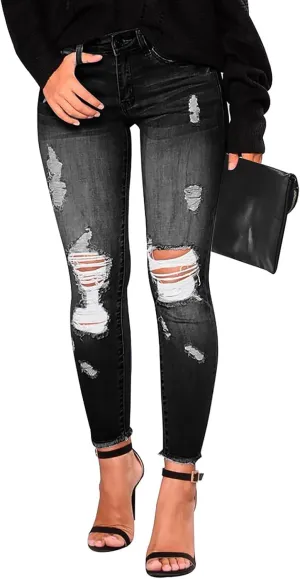 Gumipy Ripped Jeans Womens Skinny Distressed Stretchy Jeans Trendy Button Up High Waisted Jeans Curvy Jeans with Pockets