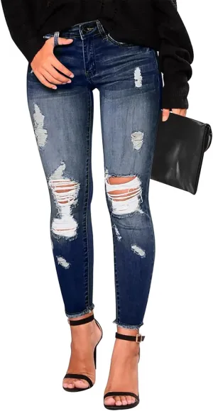 Gumipy Ripped Jeans Womens Skinny Distressed Stretchy Jeans Trendy Button Up High Waisted Jeans Curvy Jeans with Pockets
