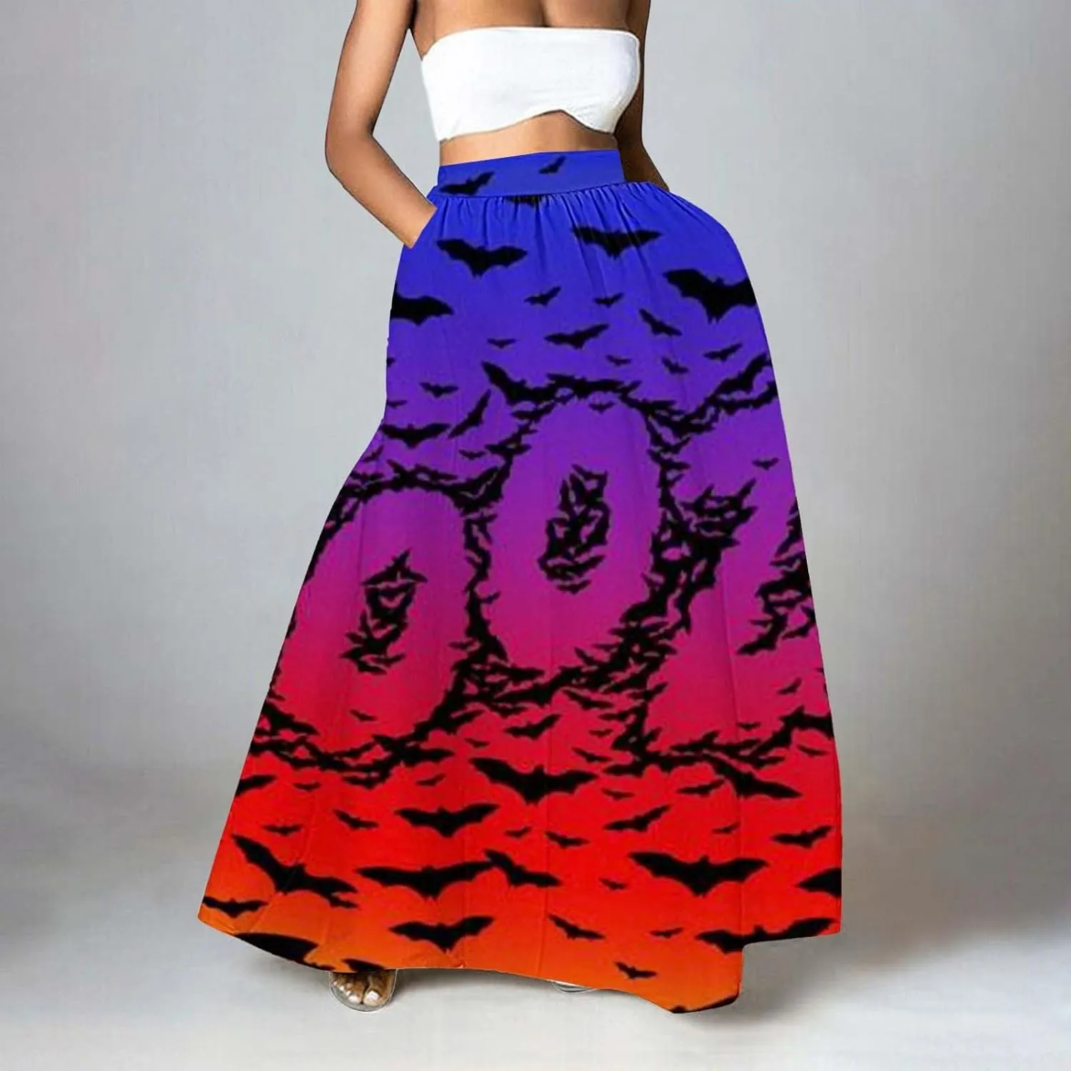 Halloween Tutu Skirt High Waist Party Beach Pocket Long Maxi Skirt Halloween bat Pattern Womens Summer Skirts Tulle