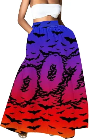 Halloween Tutu Skirt High Waist Party Beach Pocket Long Maxi Skirt Halloween bat Pattern Womens Summer Skirts Tulle