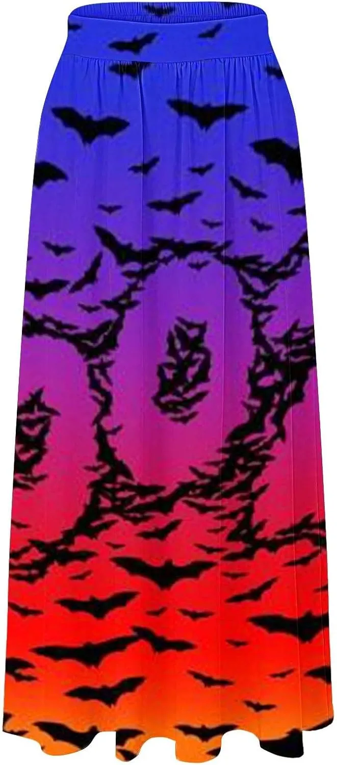 Halloween Tutu Skirt High Waist Party Beach Pocket Long Maxi Skirt Halloween bat Pattern Womens Summer Skirts Tulle
