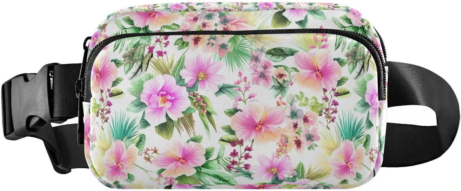 Hibiscus Blossom Foliage White Fanny Packs for Women Men Crossbody Bags Everywhere Belt Bag with Adjustable Strap Fashion Waist Pack for Travel Running Workout