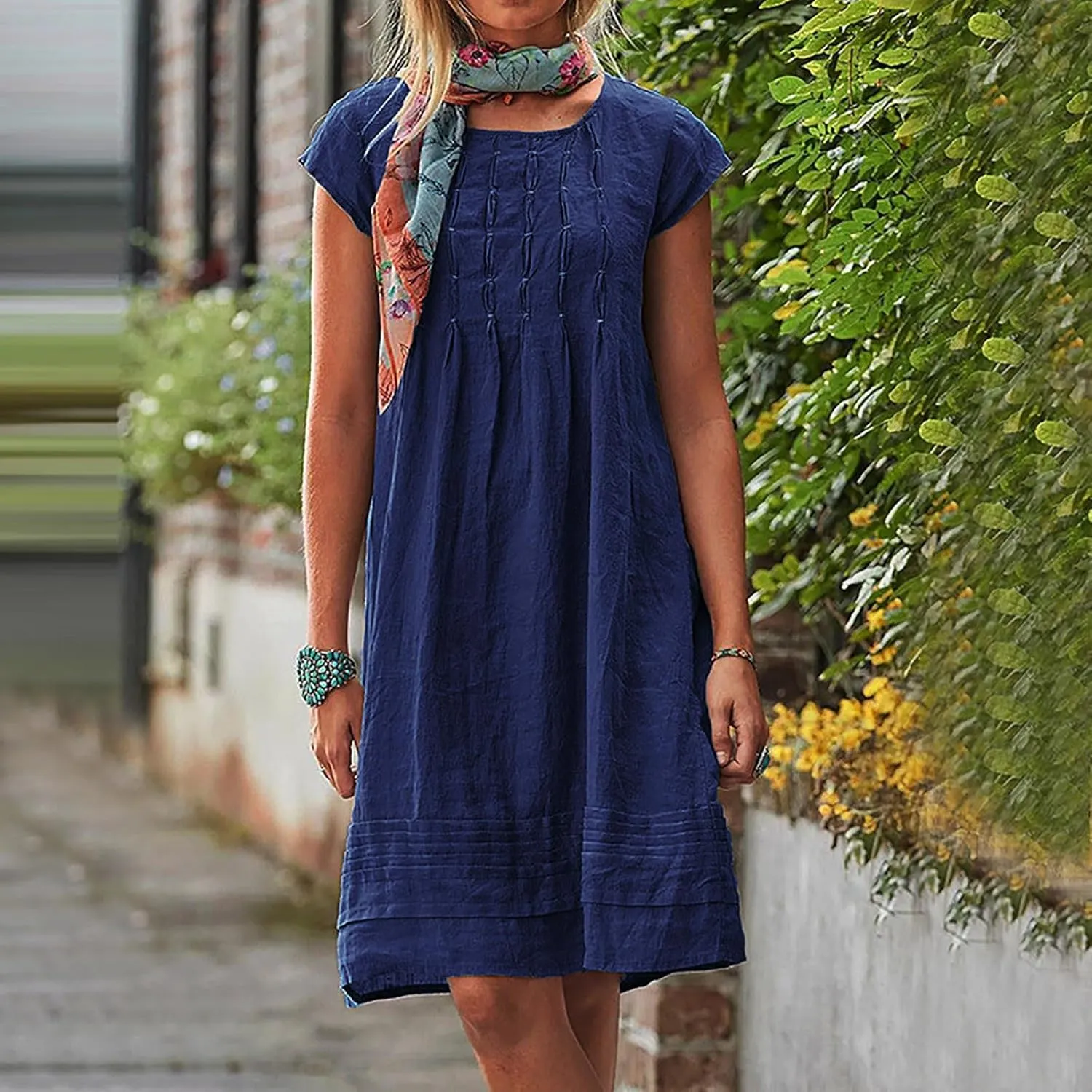 hlysgo Casual Dresses for Women Plus Size Cotton Linen Short Sleeve Mini Dress Summer Loose Comfy Pleated Knee Length Dress