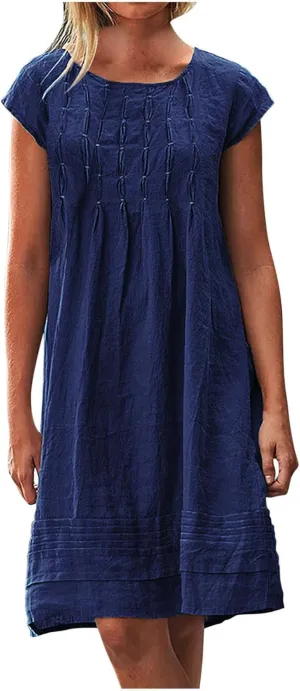 hlysgo Casual Dresses for Women Plus Size Cotton Linen Short Sleeve Mini Dress Summer Loose Comfy Pleated Knee Length Dress