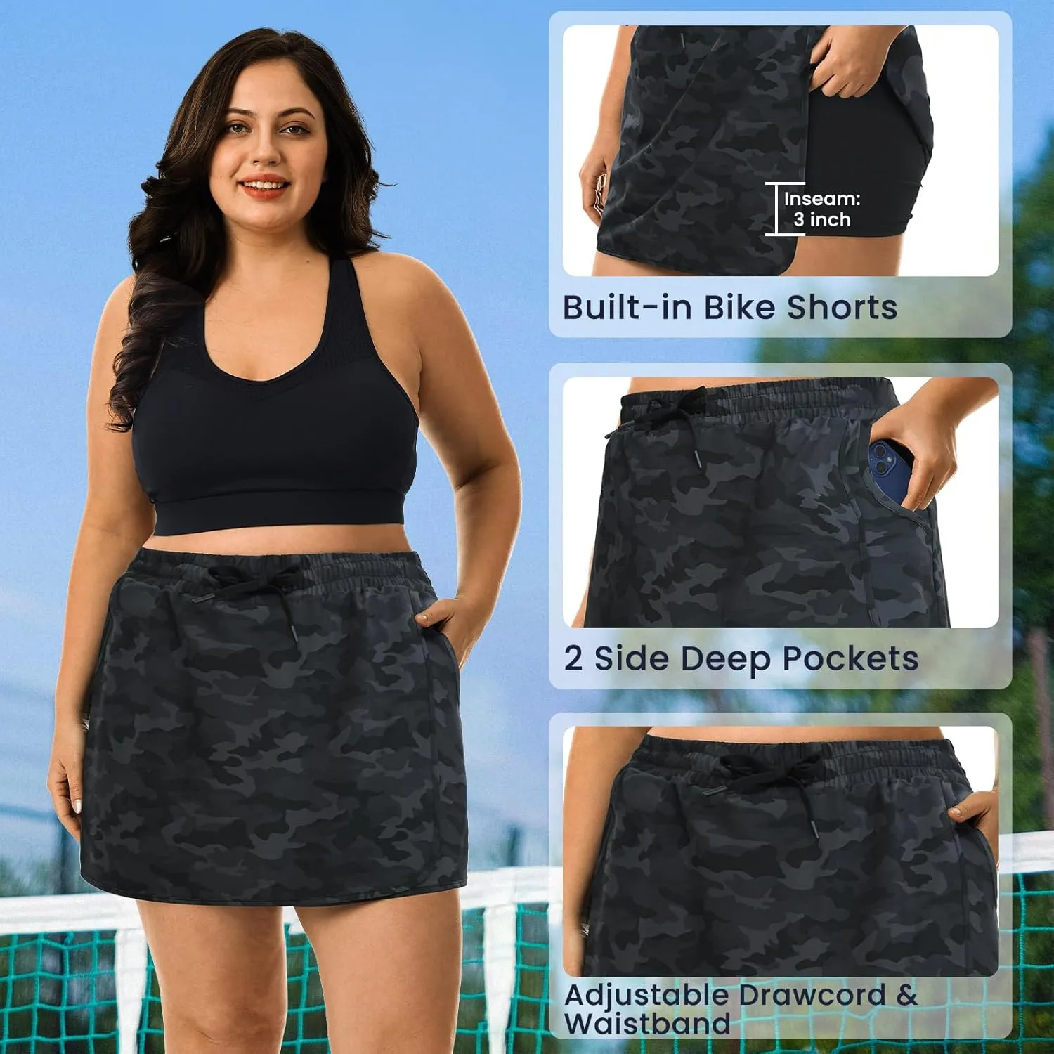 HOdo Plus Size Women's Tennis Skirt with Shorts Pockets Athletic Skorts Quick Dry Golf Active Skirts for Workout Sports 1X-5X