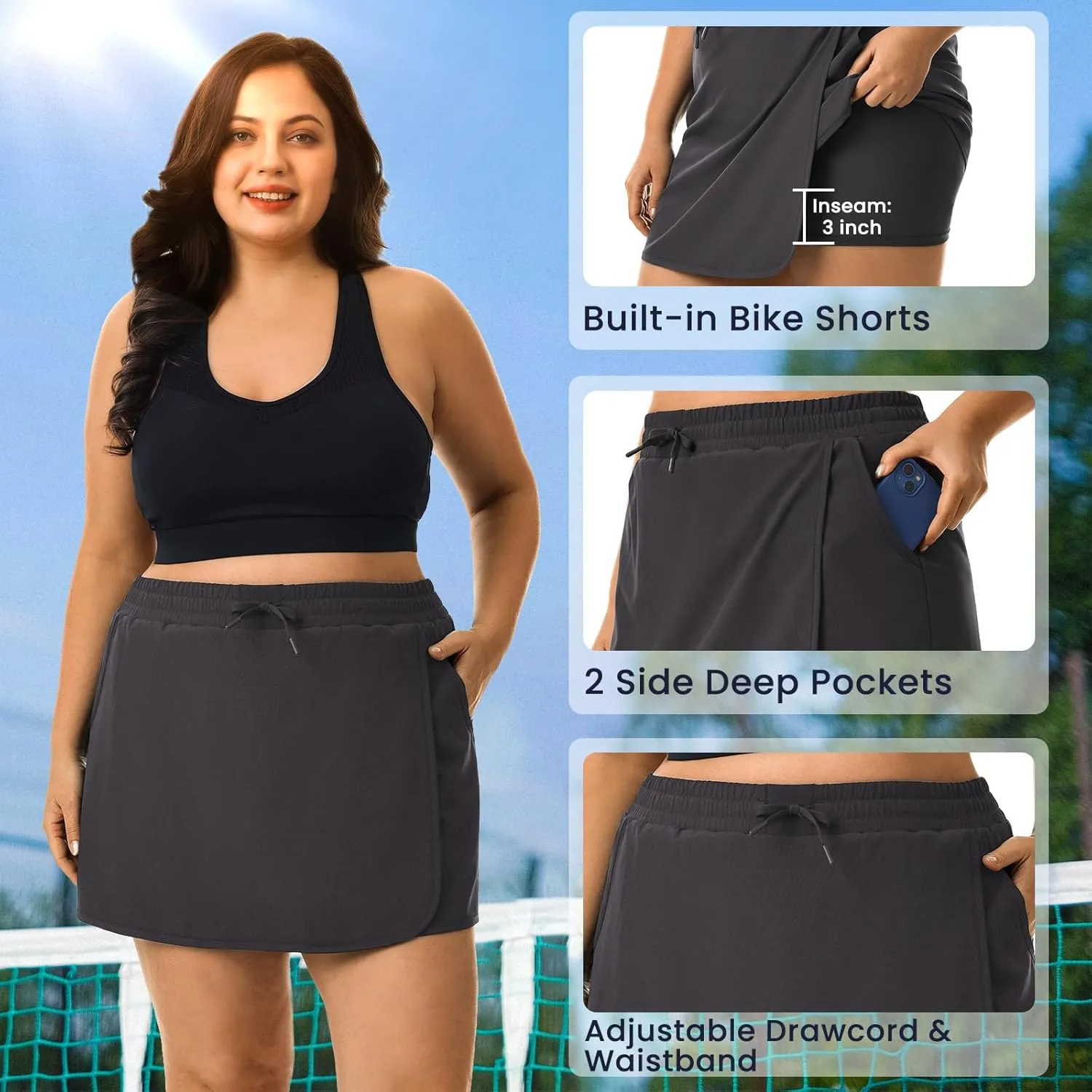 HOdo Plus Size Women's Tennis Skirt with Shorts Pockets Athletic Skorts Quick Dry Golf Active Skirts for Workout Sports 1X-5X